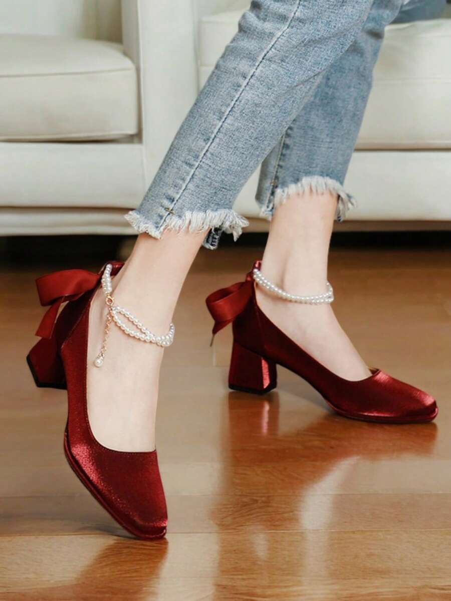 Zapatos de Tacón Grueso con Lazo de Perlas para Mujer, Tacones Elegantes de Punta Cuadrada, Cómodos y Versátiles, Ideales para Boda, Vestido de Noche o Fiesta    Women's chunky heel pumps with pearl bow, elegant square-toe high heels, comfortable and versatile shoes for wedding, evening dress or party) - Rojo - Ver 1