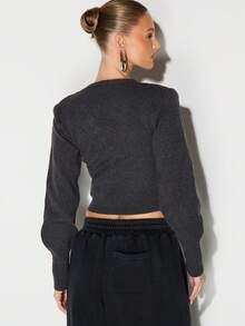 KIZN Charcoal Ribbed V Neck Button Front Cropped Cardigan With Balloon Sleeves Fall Winter Knit Sweater - Grey - View 2