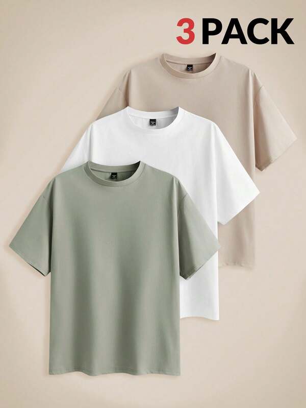 EASEVO Set de 3 camisetas de manga corta de punto en color liso, de ajuste regular y cuello redondo, perfectas para uso diario en verano y salidas, para hombres de talla grande