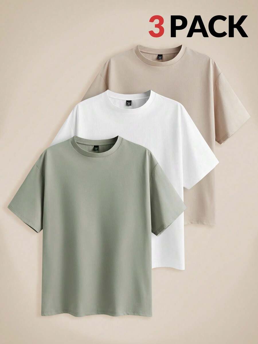 EASEVO 3pcs/Set Men Plus Size Solid Color Plain Nice Knitted Casual Short Sleeve T-Shirt, Regular-Fitting With Round Neckline, Perfect For Summer Daily Wear, Going Out