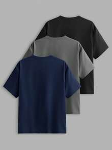 EASEVO 3pcs/Set Men's Plus Size Solid Color Fitted Crew Neck Short Sleeve T-Shirts, Casual For Summer Everyday Wear , Basic Tees - Black - View 2