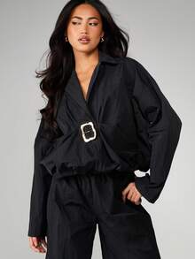 MISSGUIDED Bubble Hem Collared Two Piece Coord Set With Belt Detail Wide Leg Palazzo Pants - Black - View 3