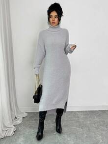 Elenzga Váy len cổ cao giản dị thu đông cho nữ, viền bất đối xứng, váy len midi dáng rộng - Màu Xám nhạt - Xem 5
