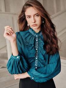Anewsta Savoree Women's Elegant Beaded & Rhinestone Embellished Long Sleeve Blouse With Ruffled Hem, Emerald Green - Blue - View 2