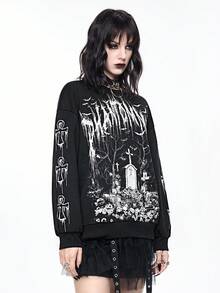 ROMWE Goth 哥特十字架和墓碑印花套头卫衣，暗黑恐怖氛围 - 黑色 - 查看 9