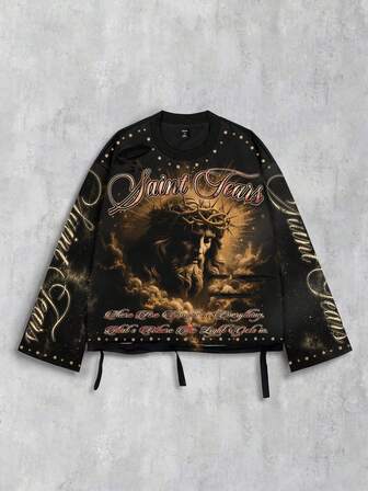 Goth Vintage Streetstyle verwaschenes Heiliger Jesus Grafik Langarm Rundhals Herren T-Shirt, für den Herbst