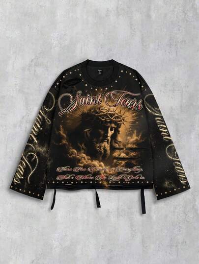 Goth Vintage Streetstyle verwaschenes Heiliger Jesus Grafik Langarm Rundhals Herren T-Shirt, für den Herbst