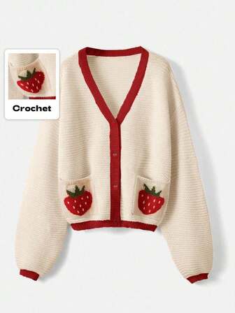 Kawaii Cardigan casual alla moda da donna con bottoni e motivo a uncinetto a fragola