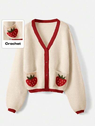 Kawaii Cardigan casual alla moda da donna con bottoni e motivo a uncinetto a fragola