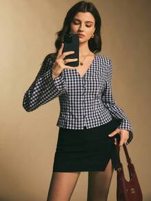 Poéselle Women's Gingham Tie-Back Blouse – V-Neck Button-Front Peplum Top With Flared Sleeves Ingham Blouse Tie Back Top Women Peplum Button Down V Neck Shirt Female Cottagecore Top Flare Sleeve Blouse Waist Cinching Shirt Checkered Fashion Women's V-Neck Raglan Sleeve Button Front Plaid Casual Cropped Shirt  Checkered Top - Blue and White - View 6