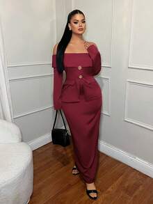 SHEIN SXY 1pc Elegant Off Shoulder Burgundy Metallic Rose Blouse Set, Business Attire, Red , Christmas ,New Year , Thanksgiving Outfit For Women ,Elegant ,Stylish Clothing Collection,Business Casual Outfits Women, Long Sleeve Elegant Set, Classy Off Shoulder Top And On Shoulder Set, 2 Piece Lounge Sets Woman, Elegant 2 Piece Set, 2 Piece Sets Woman Classy - Burgundy - View 5