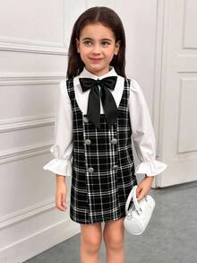 Young Girl Casual Minimalist Comfortable Collared Puff Sleeve Color Block Dress - Multicolor - View 4