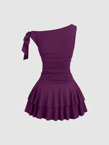 Sweetra Gaun Mini Wanita Model Polos dengan Leher Asimetris untuk Musim Panas - Purple - View 2