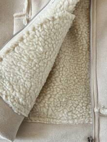 Elamini 仿绒面革绒领拉链口袋落肩长袖宽松外套，时尚街头风复古优雅高端简约设计，适合休闲、外出、约会、秋冬季穿着。 - 杏色 - 查看 7