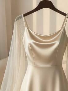 Franclia 女士优雅缎面珍珠装饰长袖A字连衣裙，适合通勤、派对和各种活动