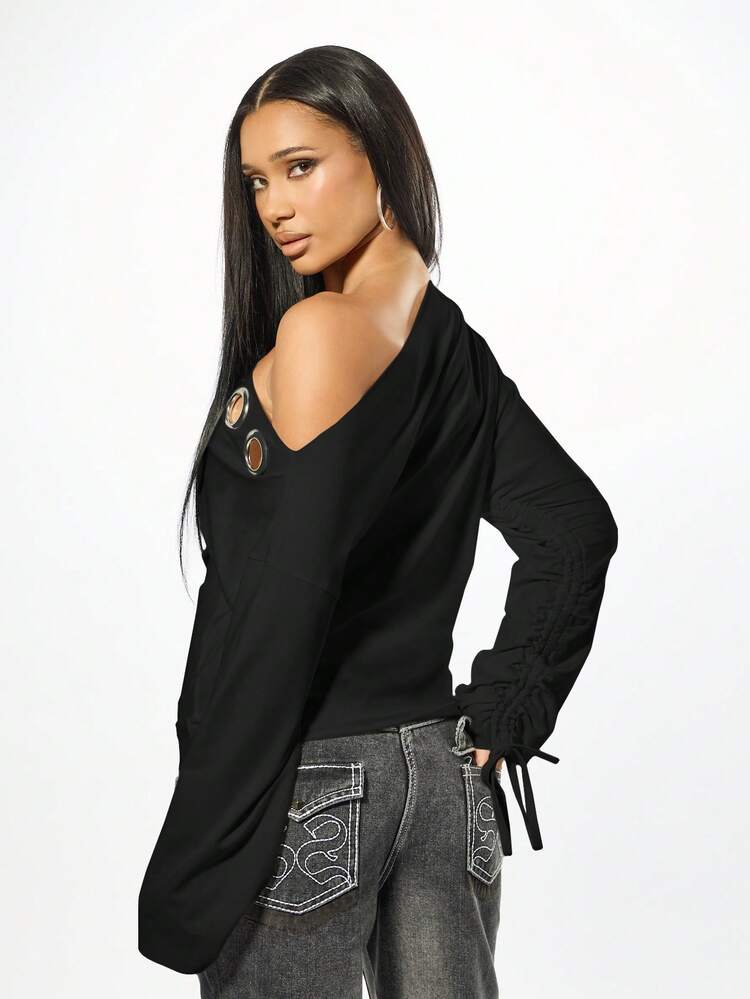 SUMWON Off Shoulder Long Sleeve Top With Metal Eyelet Details And Drawstring Hem