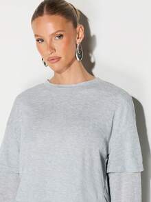 KIZN Double Layer Long Sleeve Crew Neck T-Shirt Cropped Casual Comfort Soft Jersey Knit Top Relaxed Fit Pullover - Grey - View 5