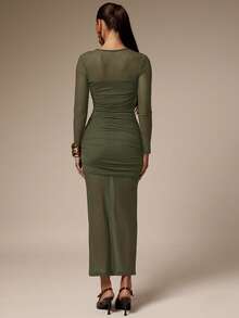Silquee Vestido ajustado de fiesta elegante de mujer de unicolor con malla fruncida - Verde militar - Ver 2