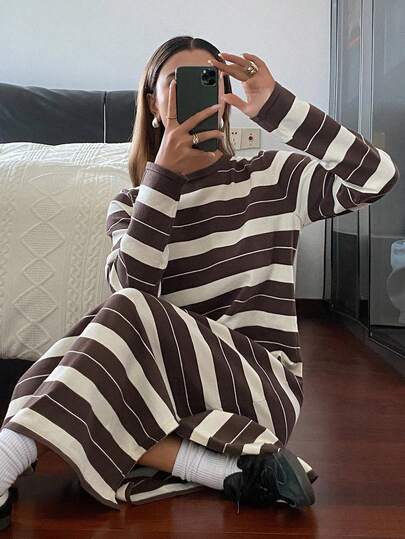 DAZY Women's Casual Colorblock Striped Crew Neck Straight Knit Sweater Dress, Autumn