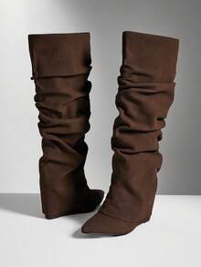 SHUZIA Women's Fashionable Comfortable Knee-High Pointed Toe Slouch Wedge Boots, Suitable For Daily Casual & Holiday Wear For Christmas - Chocolate Brown - View 7