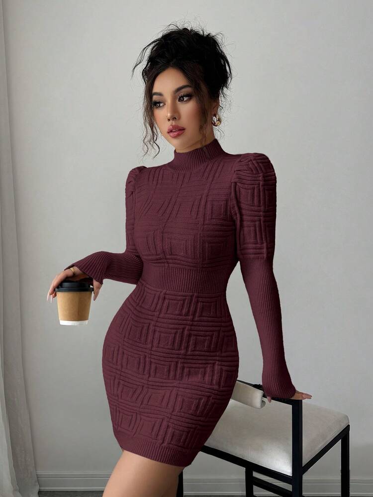 Elenzga فستان كنزة صوفية نسائي ذو رقبة عالية، أنيق وضيق الجسم، بنسيج مضلع عند الخصر - عنابي اللون - مشاهدة 8