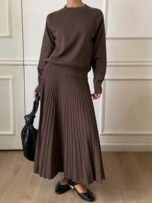 DAZY Women Solid Color Crew Neck Long Sleeve Top And Pleated Skirt Sweater Set - Coffee Brown - View 1