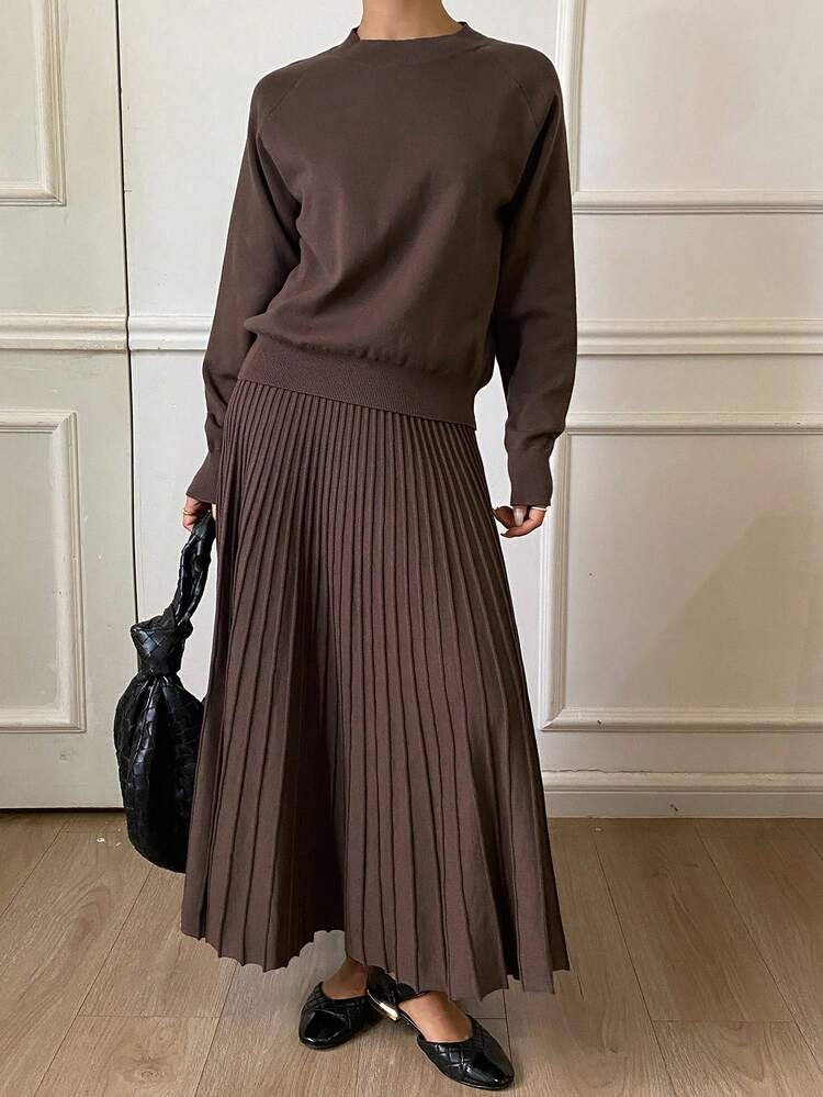 Women Solid Color Crew Neck Long Sleeve Top And Pleated Skirt Sweater Set