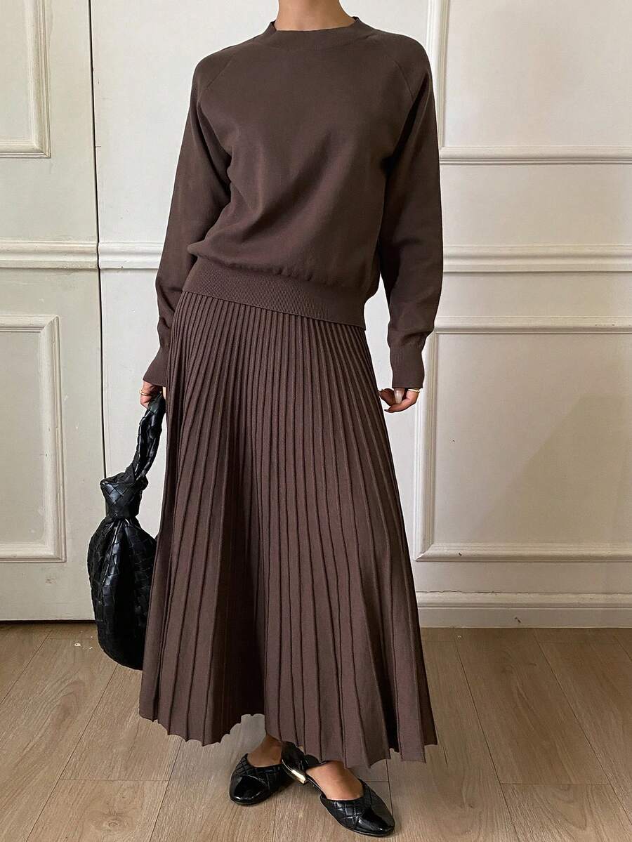 DAZY Women Solid Color Crew Neck Long Sleeve Top And Pleated Skirt Sweater Set - Coffee Brown - View 1