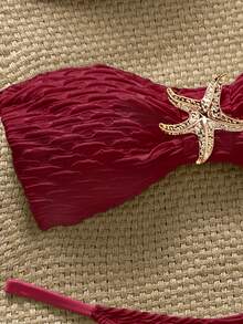 Swim Chiccia 3件套纹理无肩带海星比基尼性感泳衣套装 - 酒紅色 - 查看 4