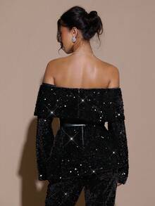 SHEIN BAE Elegante y encantadora blazer de hombro descubierto para mujer, atuendo elegante y brillante para fiestas y Navidad, glamorosa blazer de un solo hombro, perfecta para atuendos de fiesta y looks de citas, blazer de un solo hombro con cinturón. Ropa de otoño e invierno para mujer - Negro - Ver 2