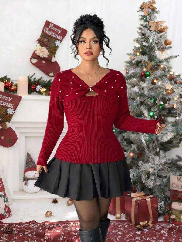 SHEIN Elenzya Christmas Sparkling Robe, Wine Red Pearl Adorned Knitted Top, Christmas Red Tunes The Day Atmosphere, Pearl Bow Shines Eye Catching, Hollow Cut Exposes Sexy Collarbone, Pit Strip Knitted Slimming To Show Off Body, Wearing It For Christmas Party Instantly Becomes The Focus