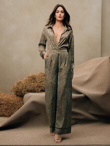 Anewsta Elegant Casual Leopard & Paisley Print Long Sleeve Shirt Spring For Women - Army Green - View 6