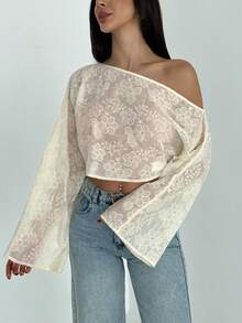 Aloruh Women's Vintage Sexy Embroidered Floral Batwing Sleeve Shawl Collar Cover Up Golf White Autumn - Apricot - View 4