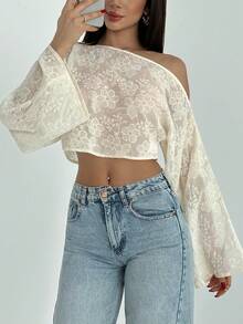 Aloruh Women's Vintage Sexy Embroidered Floral Batwing Sleeve Shawl Collar Cover Up Golf White Autumn - Apricot - View 6