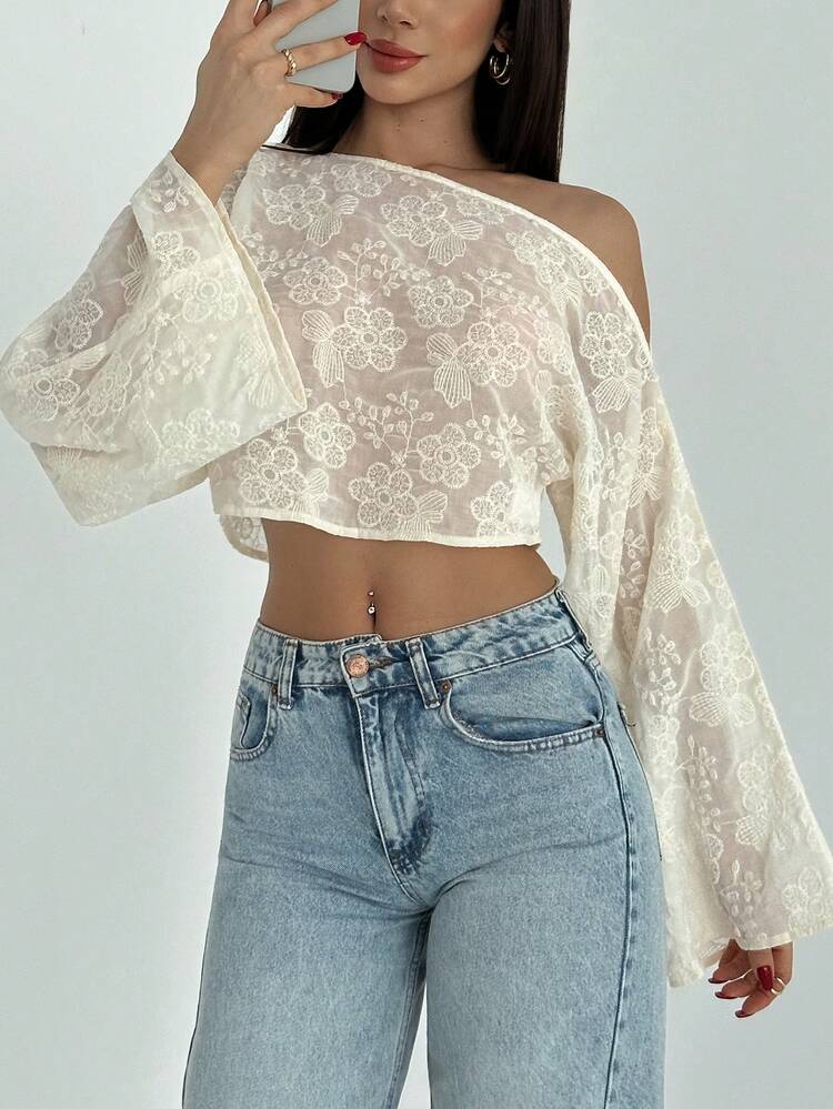 Aloruh 女士复古刺绣花卉蝙蝠袖披肩领罩衫 - 杏色 - 查看 6