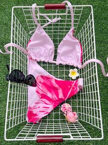 Swim Mod Bộ đồ bơi hở lưng in họa tiết nhiều màu thời trang mùa xuân dành cho nữ và quần bikini in họa tiết dễ thương - Hồng - Xem 2
