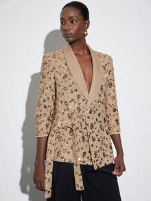 Aveloria Modichic Sequin Embellished Professional Office Wear Jacket With Side Tie Design, Long Sleeve - Khaki - View 4