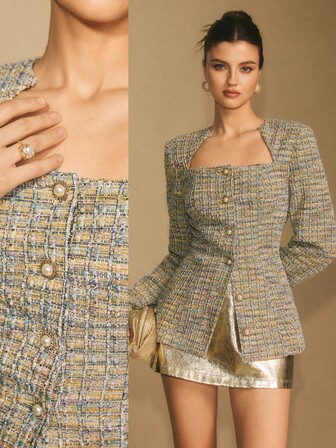 Poéselle Women's Thick Metallic Tweed Blend Plaid Jacket - Single-Breasted Metal Buttons, Fall/Winter Tweed Two Piece Set Luxury Clothes For Women Square Neck Tops