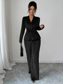 Elenzga New Elegant V-Neck Twist Waist Long Sleeve Top And Flare Leg Pants Set - Black - View 4