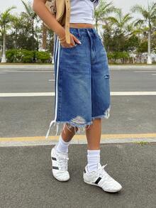 SHEIN ICON Shorts vaqueros de pierna ancha desgastados y lavados de manera casual para mujer - Azul lavado oscuro - Ver 5