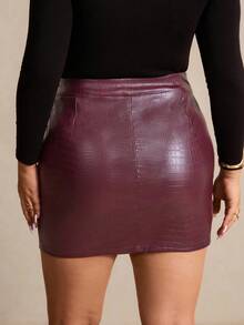 Elaquor 大码女装时尚优雅办公/休闲鳄鱼纹PU皮革开衩下摆修身半身裙 - 酒紅色 - 查看 2