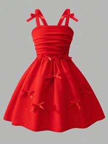 Sweetra 青少年女孩时尚优雅纯色 3D 丝带蝴蝶结肩部褶饰吊带长裙，适合派对和活动，春夏新品 - 紅色 - 查看 4