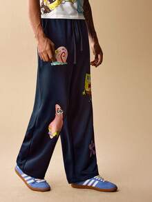 SpongeBob SquarePants | SHEIN 男士休闲日常通勤趣味可爱卡通图案抽绳腰宽松直筒运动裤 - 藏蓝色 - 查看 4