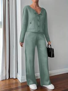 EURMUSE Damen Einfarbiger Langarm Einzelknopf Gestrickter Cardigan und Gestrickte Hose Lässiger 2 Stücke Set, Herbst/Winter - Minzgrün - Übersicht 5