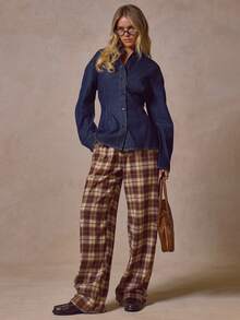 MUSERA Cinched Waist Balloon Sleeve Denim Shirt Cool Girl Streetstyle Everyday Casual Fall Autumn Winter - Dark Wash - View 5