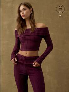Nöista Burgundy Set Featuring An Off-Shoulder Top And Flared Pants For A Slim And Feminine Fit. Ideal For Autumn And Soft Winter Days, And Perfect For Pairing With Festive Accessories For Christmas Or New Year Events. This Elegant Outfit Offers A Refined Look Suitable For Parties, Dinners, And Special Seasonal Occasions. - Lilac Purple - View 6