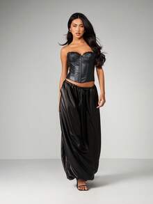 MISSGUIDED Áo corset giả da có viền ren, áo lót bó sát, không dây, dự tiệc, câu lạc bộ, trang trọng, thân áo có cấu trúc - màu đen - Xem 5