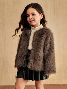 SHEIN Elladie kids Young Girl Casual Fluffy Faux Fur Loose Coat, Sophisticated And Chic Urban Fall Winter