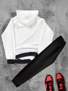 SHEIN 2件套青少年男童宽松印花连帽衫和运动裤套装，休闲学院风，舒适百搭，面料柔软，适合日常穿着、上学、旅行、户外活动 - 黑色 - 查看 2