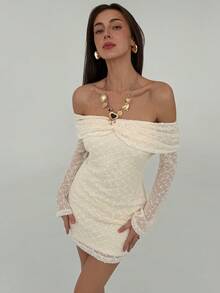 Aloruh Vestido mini ajustado con hombros descubiertos, textura y drapeado elegante para mujer - Albaricoque - Ver 3